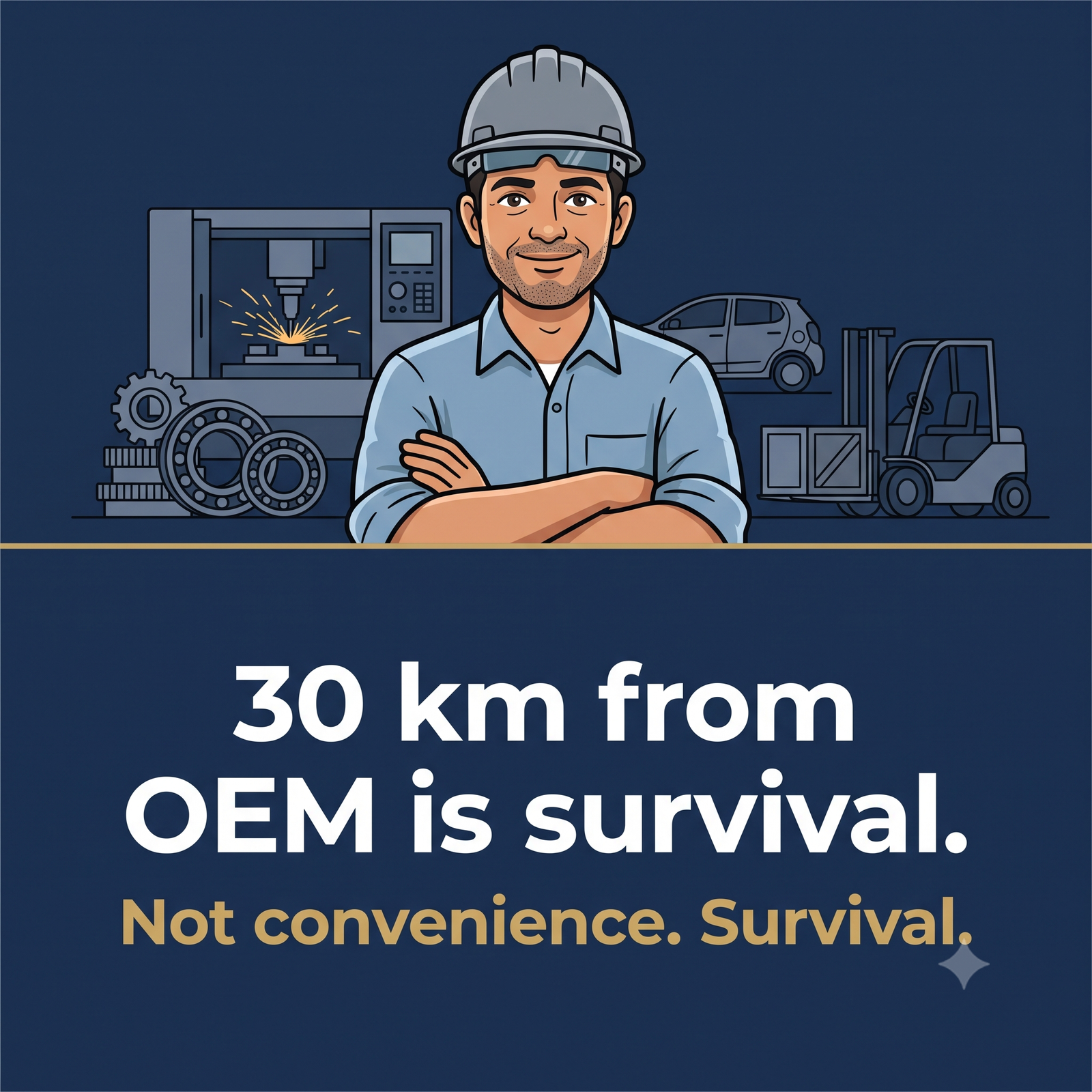 30 km from OEM is survival, not convenience