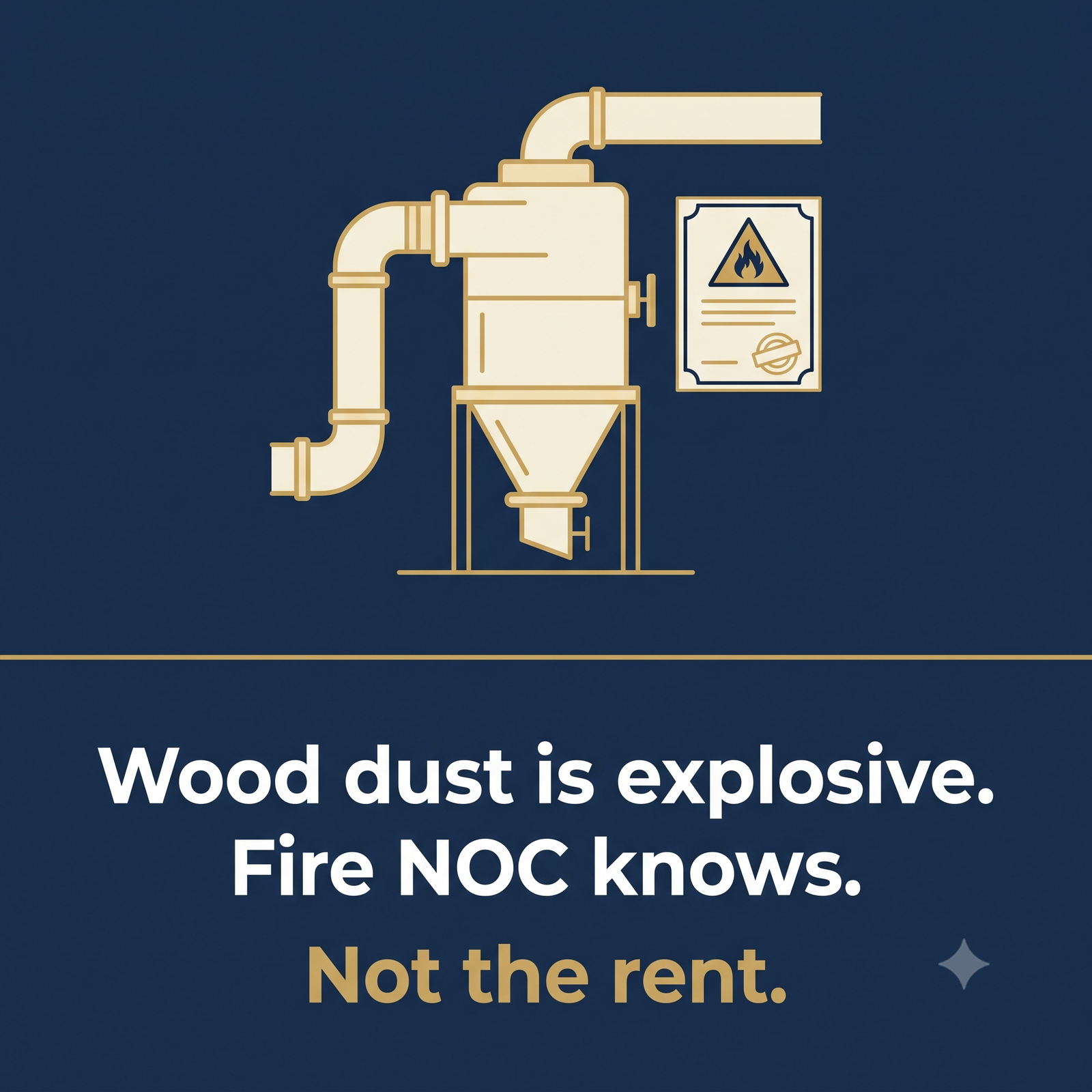 Wood dust is explosive — fire NOC knows, not the rent