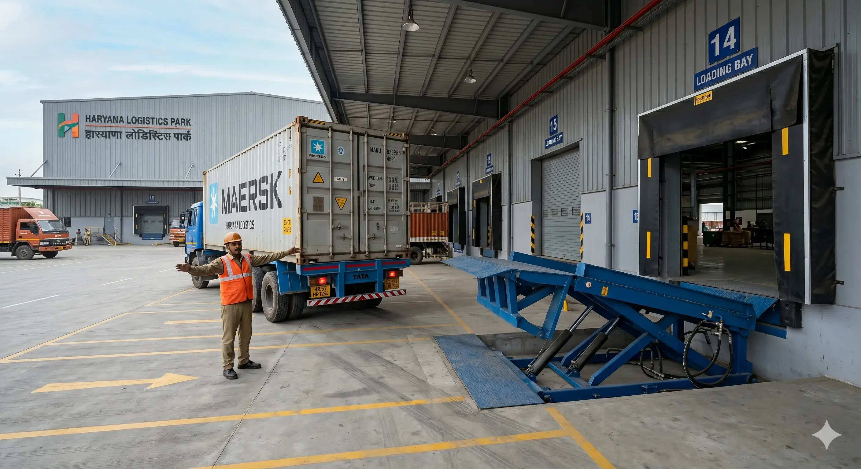 Loading dock with MAERSK container and worker guiding truck