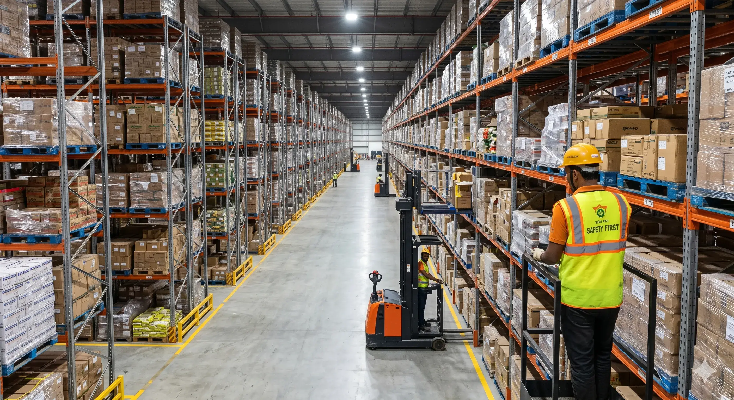 Warehouse aisle with tall pallet racks and worker on orange forklift