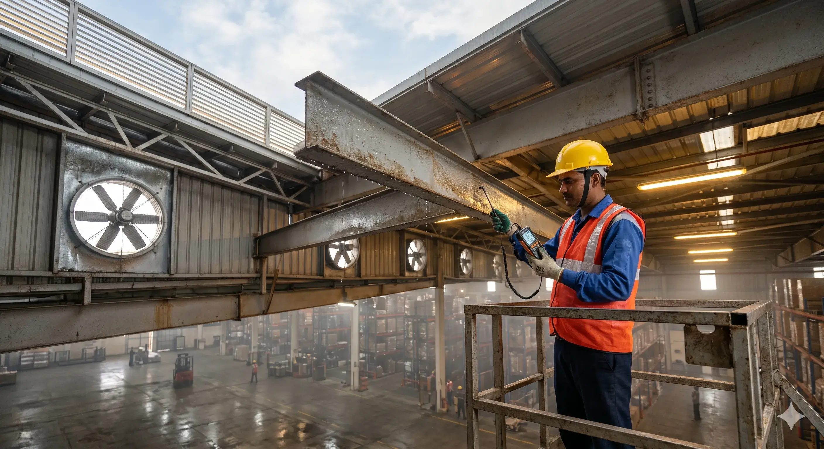 Worker inspecting steel I-beam with digital testing device near industrial exhaust fans