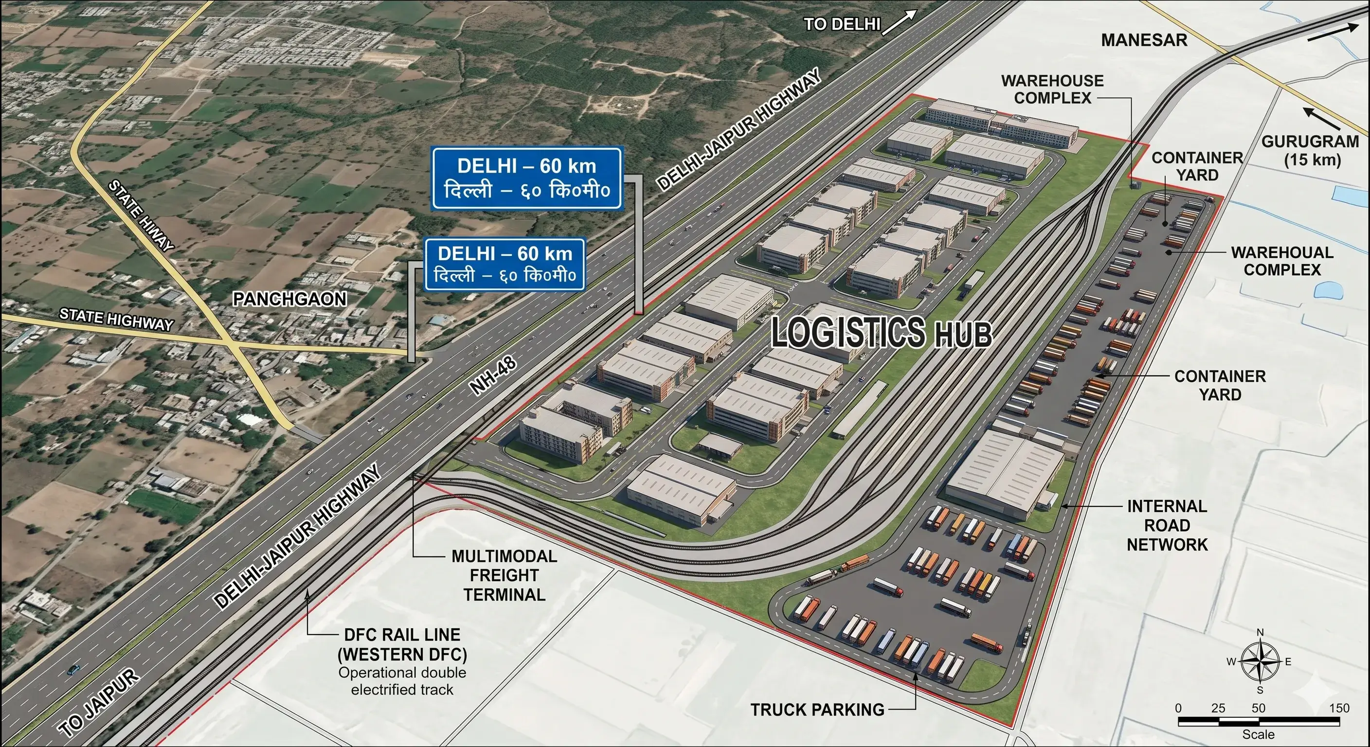 DFC rail line map showing logistics hub, container yard, truck parking near Manesar and Delhi