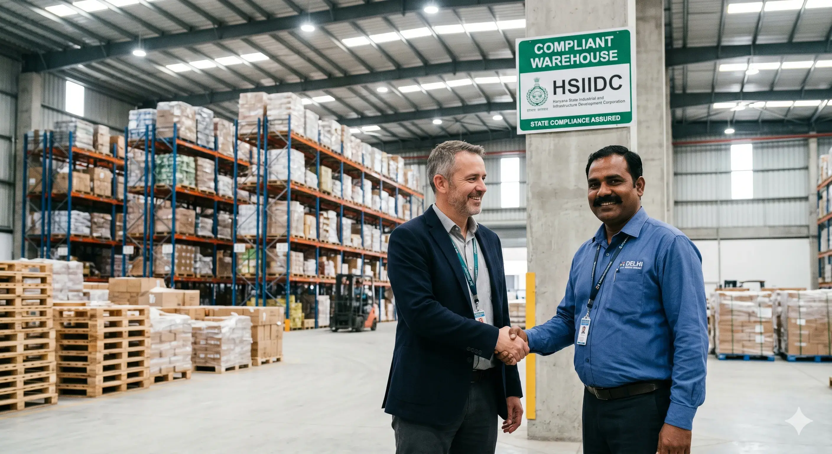 HSIIDC compliant warehouse with handshake and State Compliance Assured signage