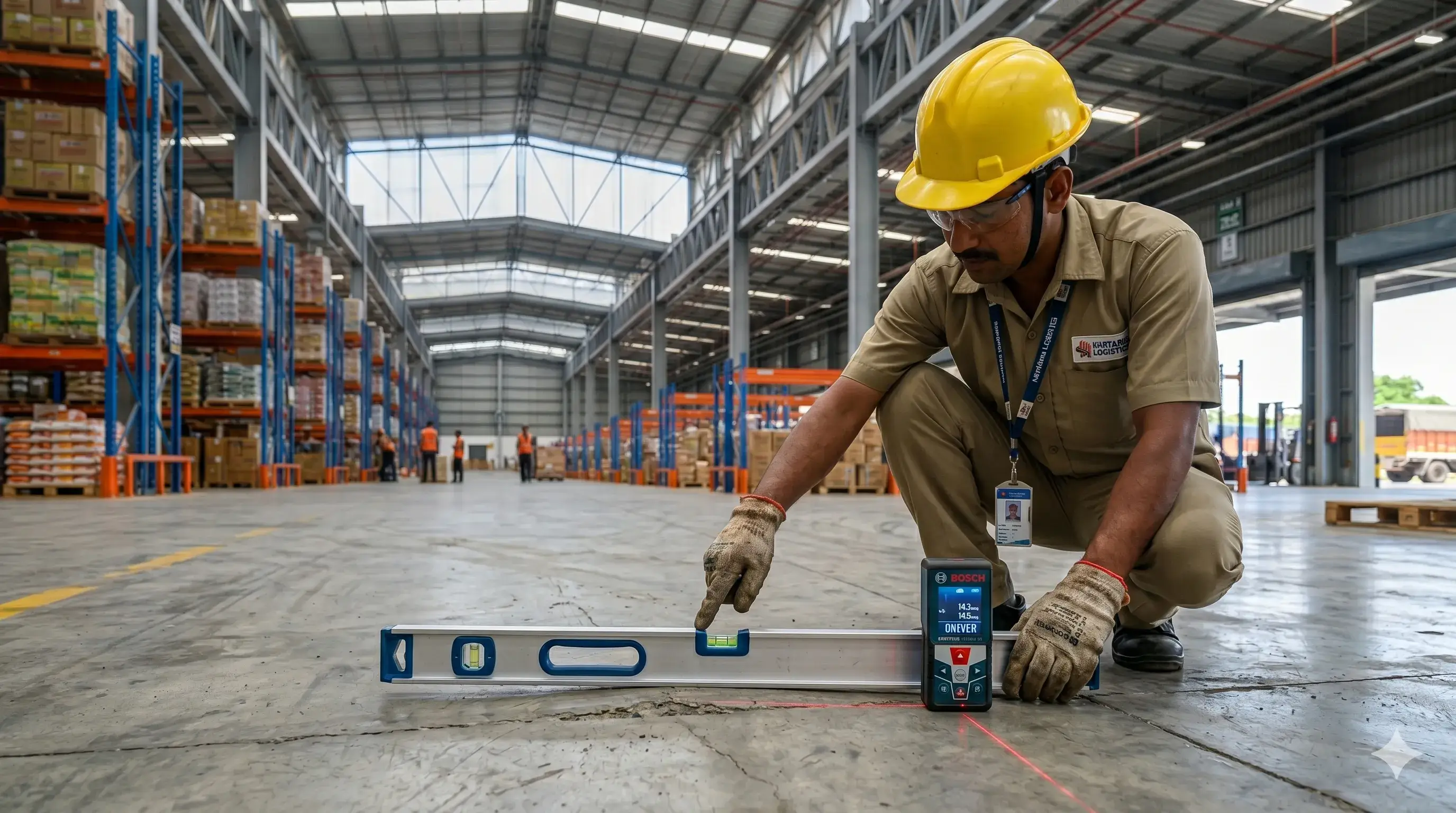 Warehouse floor flatness inspection with spirit level and Bosch laser